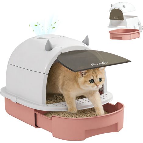 PawHut Lettiera Chiusa per Gatti con Vassoio Estraibile e Paletta Rosa (1/5)