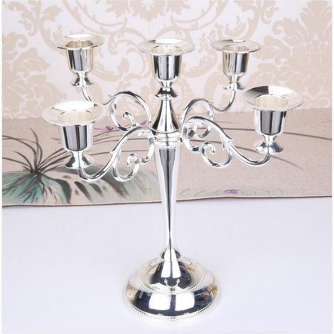 (Argent)Chandelier Bougeoir à 5 Bras en Métal Style d'Européen Chandelier de Mariage Candélabre pour Noël Cadeau d'anniversaire Décor à La Maison (1/5)