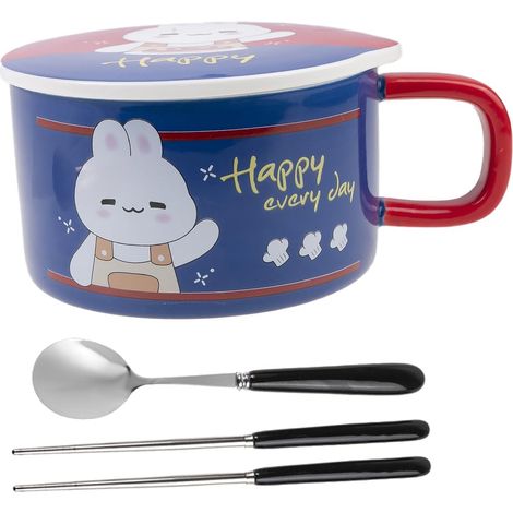 Bol à Nouilles Instantanées - Bol à Ramen Asiatique - Porcelaine - Motif Lapin - 1000 ML - Couvercle (1/5)