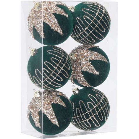 Lot de 6 boules de Noël flockées 8 cm vert foncé, ornements suspendus pour sapin (1/3)