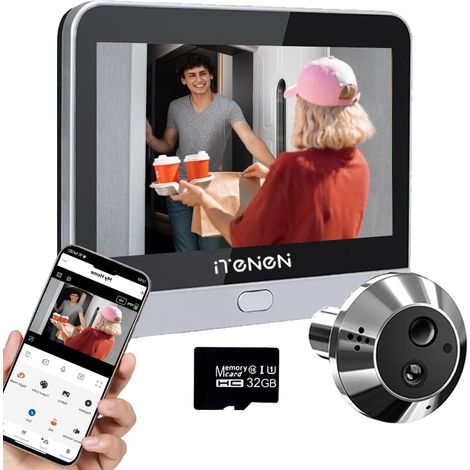 Audio Bidirectionnel,Judas de Porte Caméra Surveillance 3MP sans Fil avec Carte 32 Go, avec Ecran de 4,3 Pouces,2.4GHz Wi-FI,Détection de Mouvement,Batterie 5000mAh,Angle 140° (1/5)