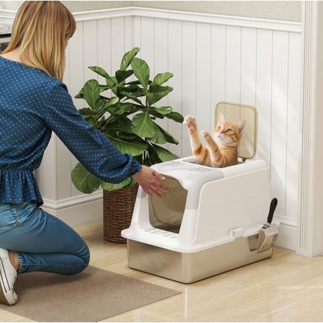 Arenero para gatos con tapa, entrada frontal y salida superior, blanco HAVRYA (1/4)