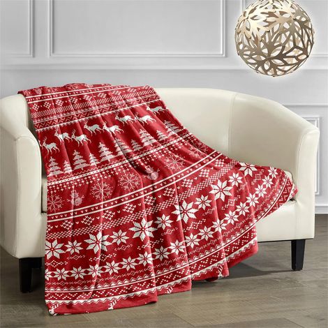 Couverture De Voyage - Flanelle Double Face Velours - Motif Noël Flocons De Neige Et Père Noël - 70x100 cm Et 150x100 cm - Rouge (1/5)