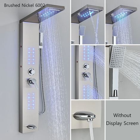(6002 nickel brossé) Panneau de douche, pommeau de douche effet pluie, affichage de la température, robinet mitigeur, colonne (1/4)