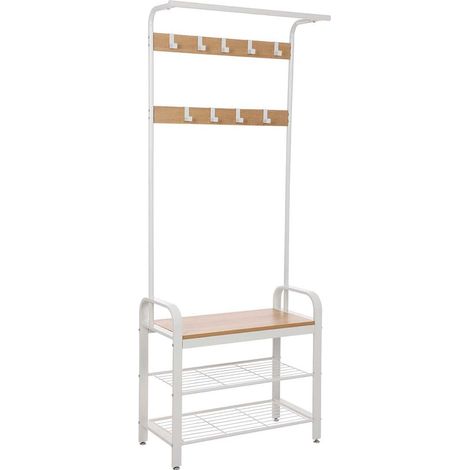 Perchero metálico vestidor rígido con banco zapatero mueble de almacenamiento para recibidor con 9 ganchos extraíbles blanco 120002707 (1/4)