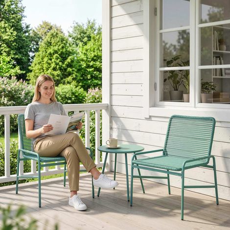 3-teiliges Gartenmöbel-Set aus Rattan und Stahl – Runder Tisch + 2 Stühle – 58 x 67 x 75 cm – Grün
