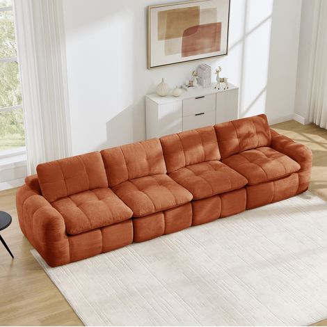 Canapé modulable 4 places sans cadre en chenille orange, assise large et profonde, sans montage (1/5)