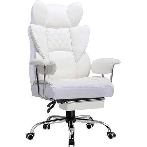 Chaise Gaming, Ergonomique Fauteuil de Bureau avec Support Lombaire à Ressorts ensachés, Siège Large avec Accoudoirs Souple et Repose-Pieds, Réglable en Hauteur, Cuir Blanc