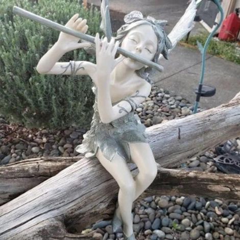 Flûte de jardin, Statue de fée en résine, Sculpture paysagère, Figurine de cour assise, Décoration de jardin argentée (1/5)