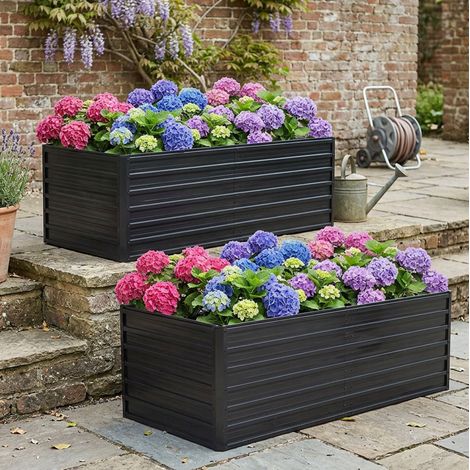 Vaso rialzato da orto 190x90x64 cm, base aperta, struttura in metallo, colore nero (1/5)