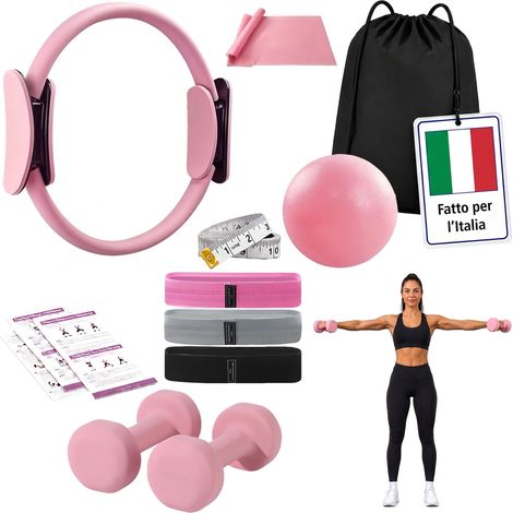 Relaxdays Set Pilates, 11 pz., anello, palla, 4 elastici, 2 manubri, borsa, rosa