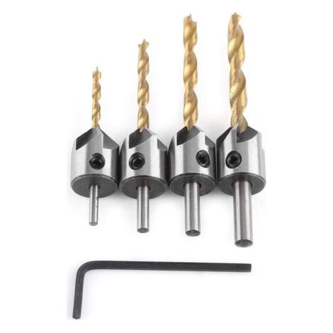 Chanfrein, Jeu de Forets à Chanfreiner Alésoir de Menuiserie, Countersink Mèche Foret avec Clé Hexagonale(4pcs,3-6mm) (1/3)