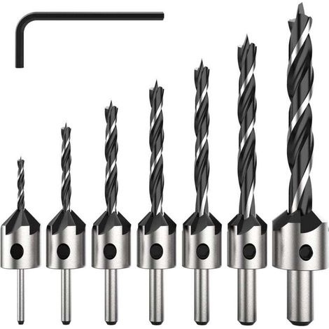 7 Pièce HSS 5 Flûte Jeu de Foret Fraise Bit de Vis à Bois Chanfrein pour Diverses vis de Longueur par Simple Desserrer et Resserrer la vis, 3-6mm Set Outil.. (1/4)
