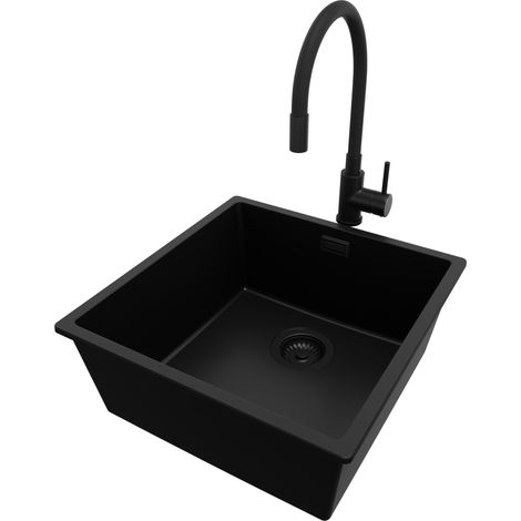 PRIMAGRAN Evier Sous Plan 46x47cm, Evier en Granit 1 bac + Robinet 40x38cm + Kit de Vidage, Évier au meuble 50cm - London, Tout Noir (1/5)