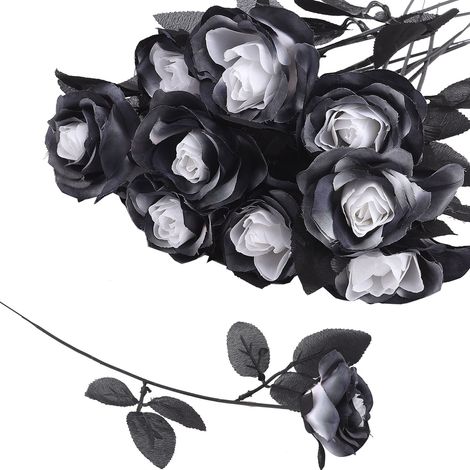 (1 pièce/Noir et blanc, hauteur : 36 cm) Fleur artificielle, rose noire simulée (1/5)