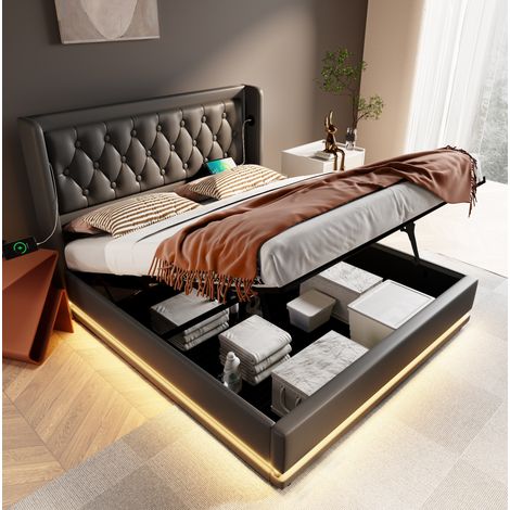 Letto matrimoniale 140x200 cm nero in PU con contenitore idraulico, LED, USB-C e materasso (1/5)
