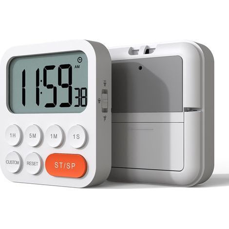 Minuteur de Cuisine, Minuterie Cuisine, Minuteur Digital Chronomètre et Compte à Rebours avec Mode Personnalisé, 3 Niveaux de Volume pour Examen, Réunion, sans Bruit - 2 Piles AAA - Blanc (1/5)
