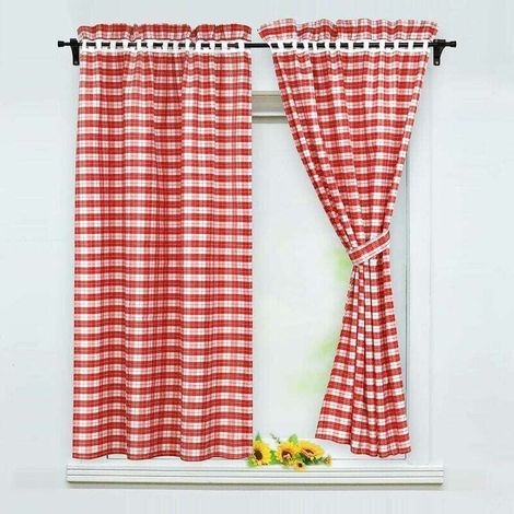 Set di 2 tende oscuranti con 2 fermatende, stile country, poliestere, rosso, LxA 80x120cm (1/4)