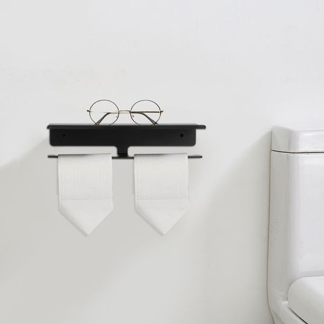 Porte-papier toilette double mural aluminium espace noir 28x11.5x6cm avec étagère rangement salle de bain hopital cafe kit (1/5)