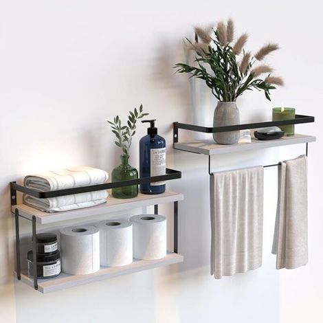 2-Tier and 1-Tier Floating Wall Shelves (Set of Two) with Metal Frame, for Bathroom, Kitchen and Bedroom, with Paper Towel Holder and Towel Rail - Bl (1/5)