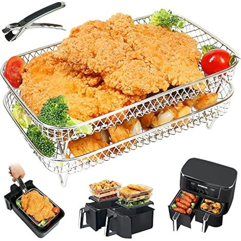 Friteuse à air, grille en acier inoxydable 304 avec clip, accessoires pour Ninja Double Stake XL/Dual AF400UK/AF451UK 9.5L/Tower/Instant Vortex/EMtronics 2 tiroirs (2 niveaux)