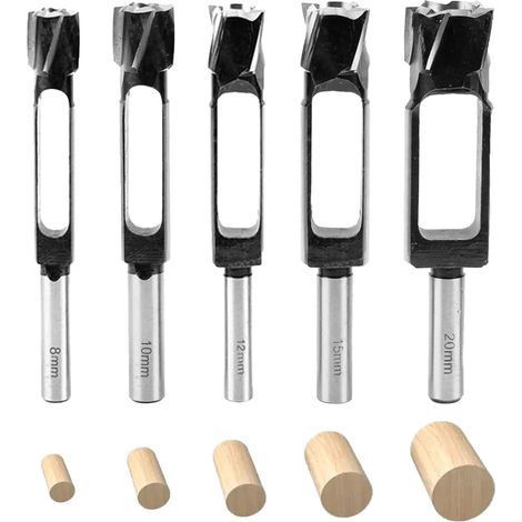 Lot de 5 Coupe-trou pour bois, foret tenon, foret profond, pour le travail du bois, la fabrication de meubles (8/10/12/15/20 mm) (1/5)