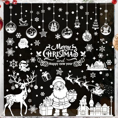 202PCS Autocollants Noël Fenêtre, Blanc Stickers Réutilisable, Décoration de Fenêtre Blanche, Père Noël, Élan, Flocons de Neige, Decoration Interieur Maison Stickers Vitres Décoratifs (1/5)
