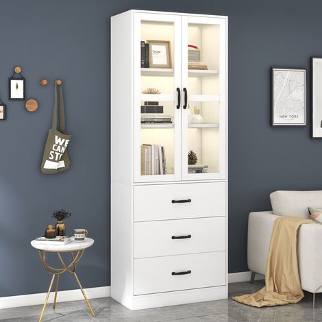 Vitrine blanche LED hauteur 200 cm avec 3 tiroirs, 2 portes et étagères réglables, MDF et acrylique (1/5)