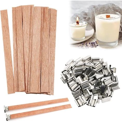 50 mèches en bois pour la fabrication de bougies, mèches en bois naturel à couper, avec 50 supports en fer pour la création de bougeoirs parfumés faits main. (1/4)