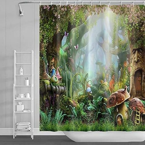180x180cm Fairy Tale Mushroom Shower Curtain, Magical Fantasy Forest, Jungle Tree, Bathtub Curtain with Green Grass, Leaves and Flower Pattern, Polyester, with Hooks