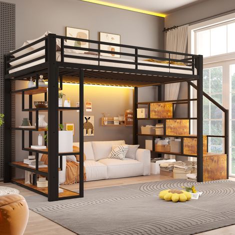 Lit Mezzanine Enfant 140x200 cm, Escalier avec Rangement et Étagères, LED Multicolore via App, Espace Inférieur Ouvert, Garde-Corps, Métal Noir (1/5)