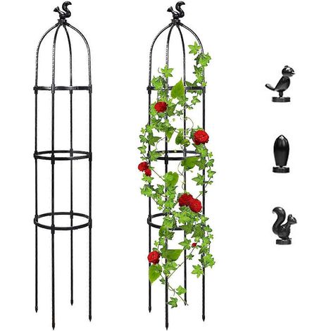 traliccio a obelisco da giardino per piante rampicanti con 3 decorazioni superiori, traliccio rotondo per cespugli di rose da esterno per vasi, in metallo antiruggine, GuanGuan (1/3)