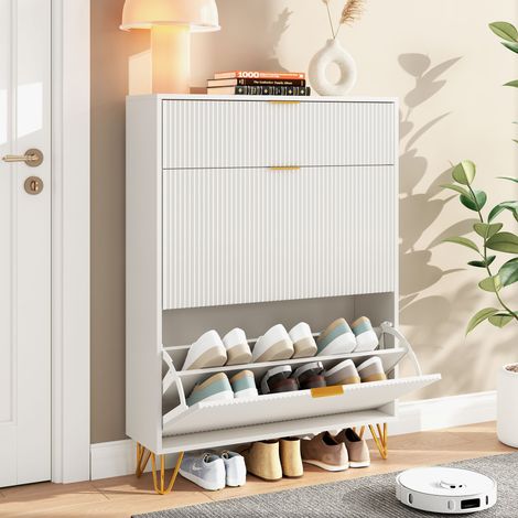 Armoire à chaussures à 2 portes avec étagères de rangement, design ondulé, dispositif anti-basculement, surface imperméable et pieds métalliques, Blanc, 80x24x118.5 cm