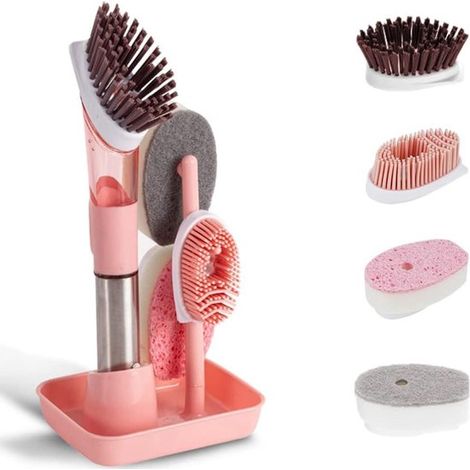 Spazzola per lavare i piatti - Set di spazzole per lavare i piatti con dispenser di sapone e 4 supporti per testine di ricambio, adatto per piatti, pentole e lavelli - Rosa (1/4)