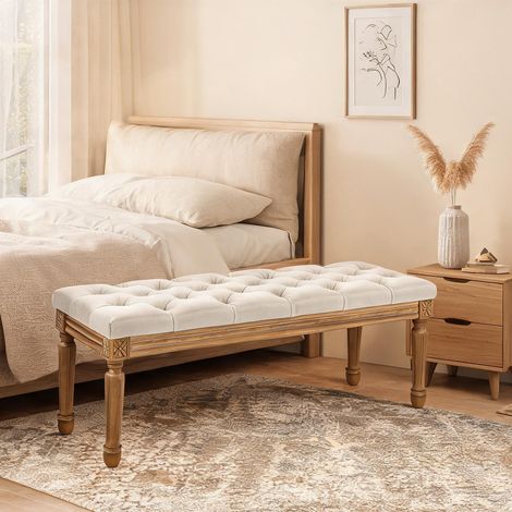 Banc rembourré blanc cassé en tissu effet lin 120 cm en polyester (1/5)
