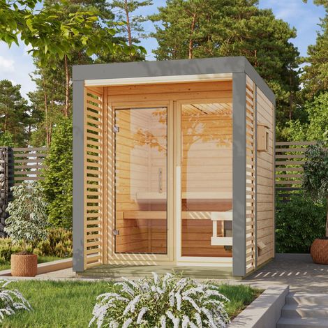 Sauna extérieur 2-4 places épicéa nordique 5,3 m² – Hauteur 232 cm – Terrasse 191x80 cm – Bancs en tremble inclus – Karibu