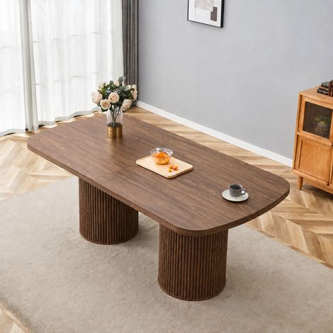 Table à manger ovale en MDF effet bois noyer avec double piétement colonne cannelé 180 x 90 cm - PANGIVO (1/5)