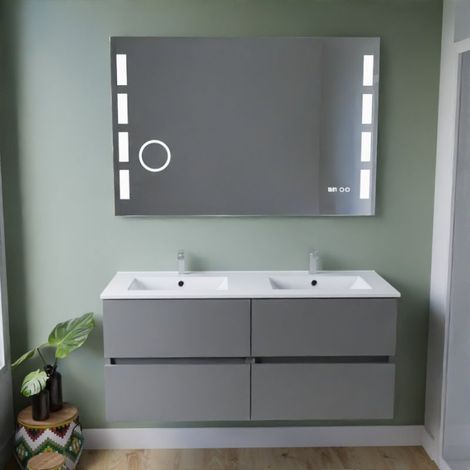 Komplett aus Edelstahl gefertigtes Doppelwaschbecken 120 cm ROSINOX + Excellence LED-Spiegel Ò Grau Ò Sp∏lbeckenoberflâche aus Keramik (1/5)