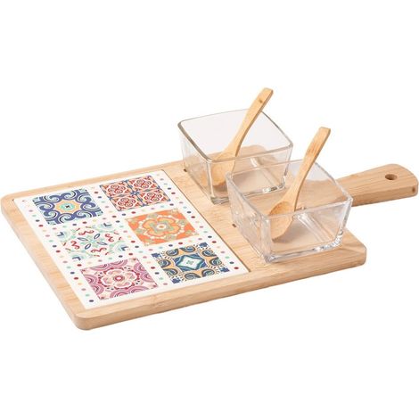 TrAdE Shop Traesio - Set Antipastiera Con 2 Ciotole In Vetro 2 Cucchiaini Base In Bamboo Con Decoro Maiolica - (1/3)