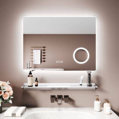 SIRHONA Miroir lumineux de salle de bain avec étagère éclairée - Miroir Intelligent avec Anti-Buée, Gradation de Lumière, Loupe 3x et Prise Intégrée, 80x60 cm