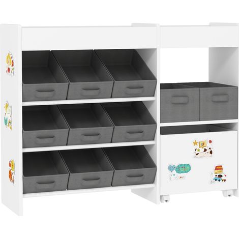 Kids Toy Storage Unit with 11 Bins, Cabinet, Top Shelves, 3 Stickers, for Nursery, Playroom, White (1/5)