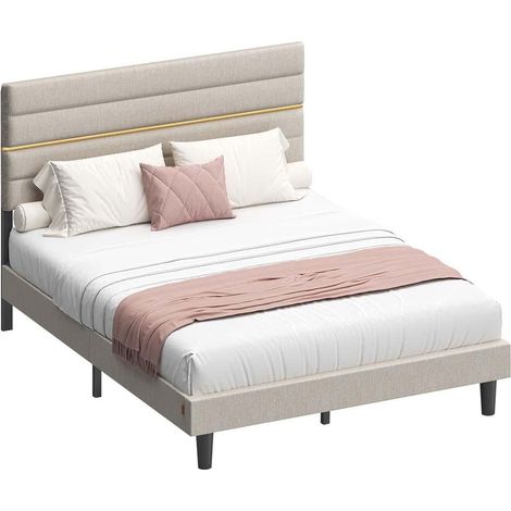 Lit double moderne avec tête de lit rembourrée ajustable 192 x 140 x 110 cm en acier beige cappuccino (1/2)