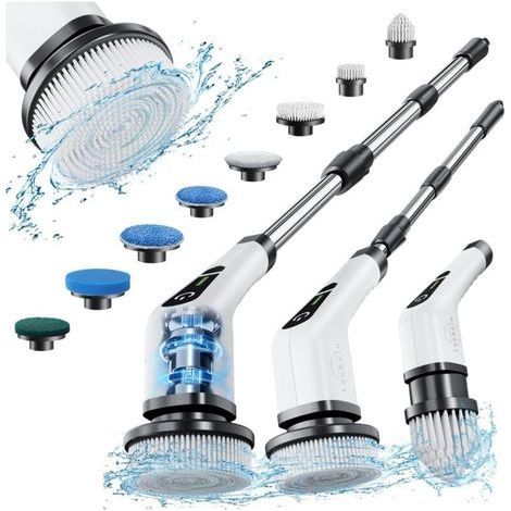 Brosse Electrique Nettoyage Rotative, Brosse de Nettoyage sans Fil avec 8 Têtes de Brosse Remplaçables, Electric Spin Scrubber avec Poignée Réglable de 137cm pour Salle de Bain Cuisine Voiture (1/4)