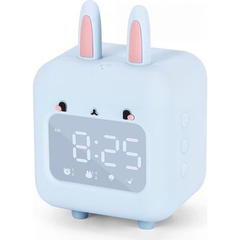 Réveil pour enfants, réveil lapin mignon, réveil à bruit blanc, veilleuse avec interface USB, convient à la chambre d'une fille (bleu). (1/4)