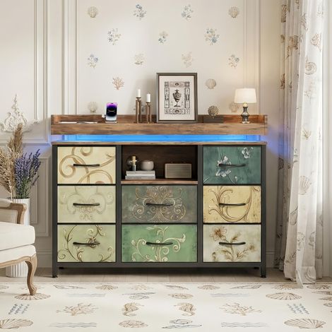 Commode avec 8 tiroirs – Commode chambre avec bande LED RGB et ports USB intégrés, structure en métal – Design scandinave, Vert (1/5)