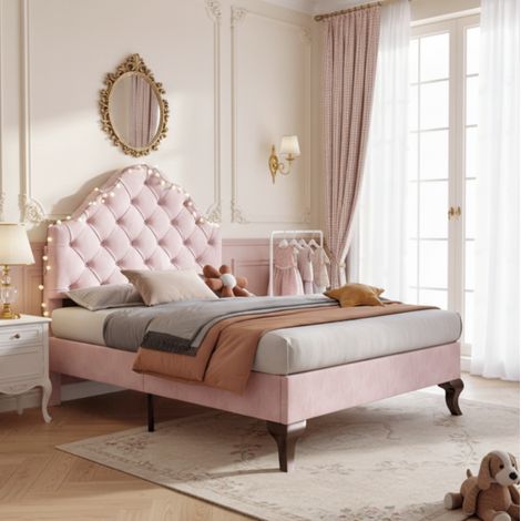 Cama tapizada clásica de terciopelo rosa 90x200 cm con cabecero regulable y somier de láminas (1/5)