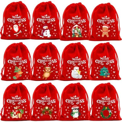 Lot de 12 sacs cadeaux de Noël en tissu rouge avec cordon de serrage (motifs assortis) — Petites pochettes décoratives idéales pour les fêtes, les mariages et les petits cadeaux de fin d'année. (1/5)