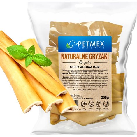Delikatesse, natürlicher Kausnack für Hunde, getrocknete Rinderhaut von Petmex, 15 cm, 200 g