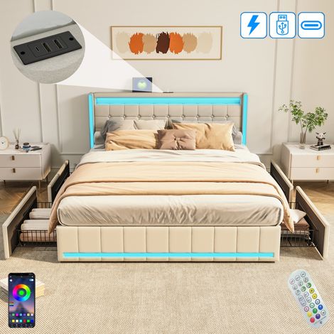 Lit adulte capitonné 140x190 cm, avec 4 tiroirs de rangement, éclairage LED, Télécommande, sommier à lattes, USB fonction de charge type C, tissu lin, lit double - Beige