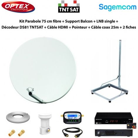 Kit Parabole 75 cm fibre + Support Balcon + LNB single + Décodeur DS81 TNTSAT + Câble HDMI + Pointeur + Câble coax 25m + 2 fiches (1/5)